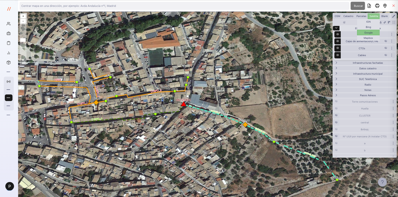 Vista Satélite Google del Despliegue GIS de FTTH