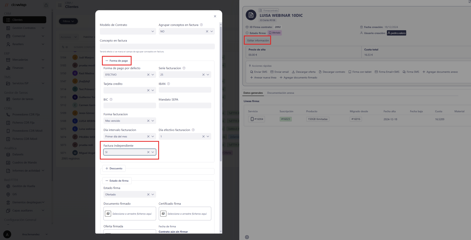 Configuración de Factura Independiente en Dowisp