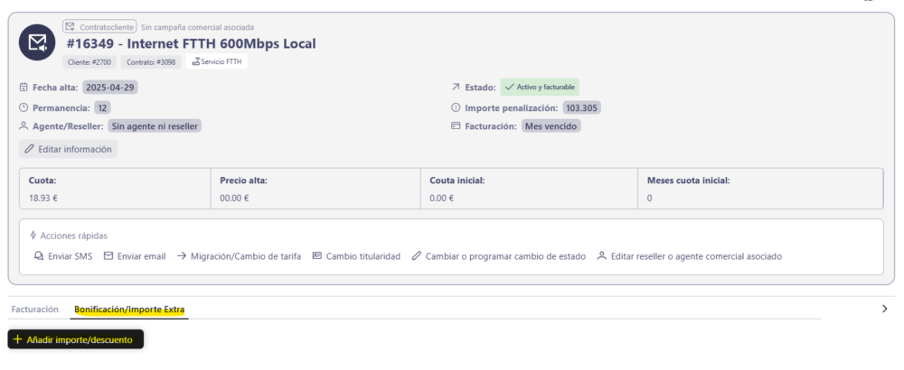 Detalle de importe adicional en Dowisp