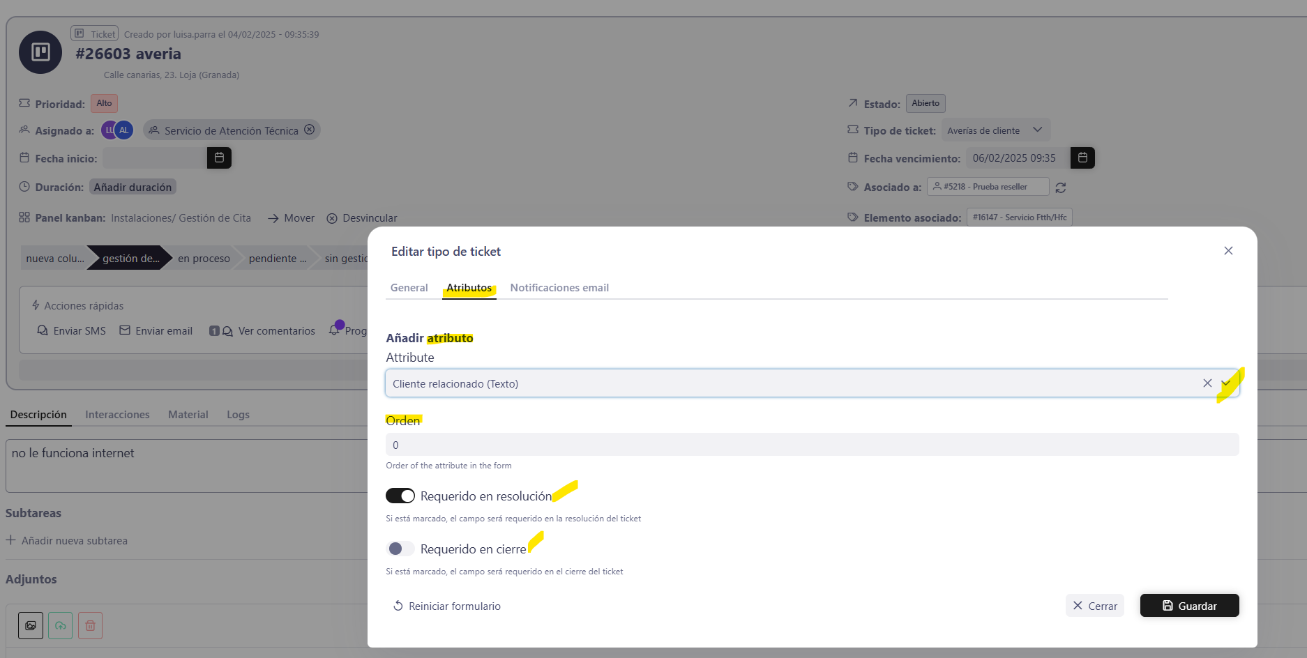 Atributos del tipo de ticket - Dowisp