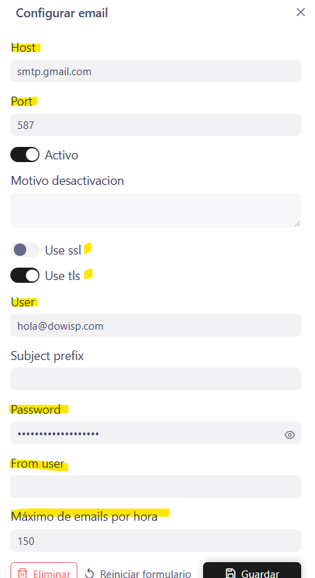 Configuración de correo electrónico