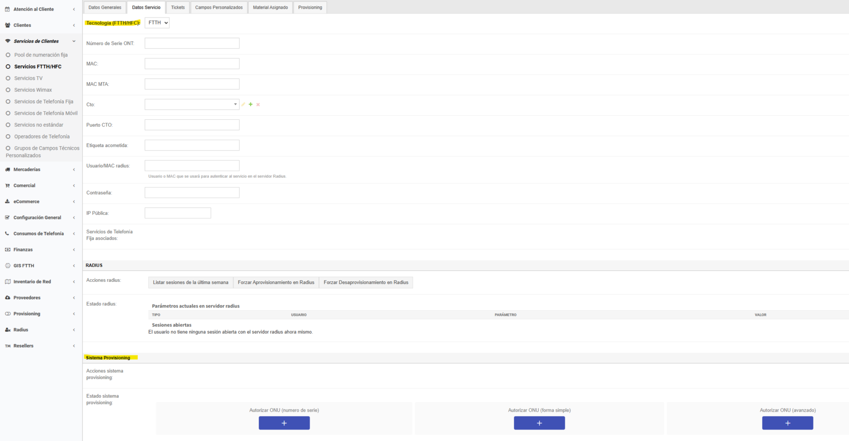 Datos de Servicio del Sistema Provisioning