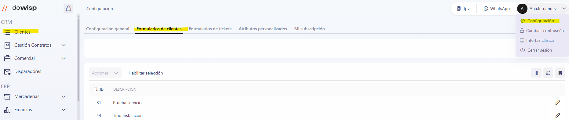 Formulario de clientes en dowisp