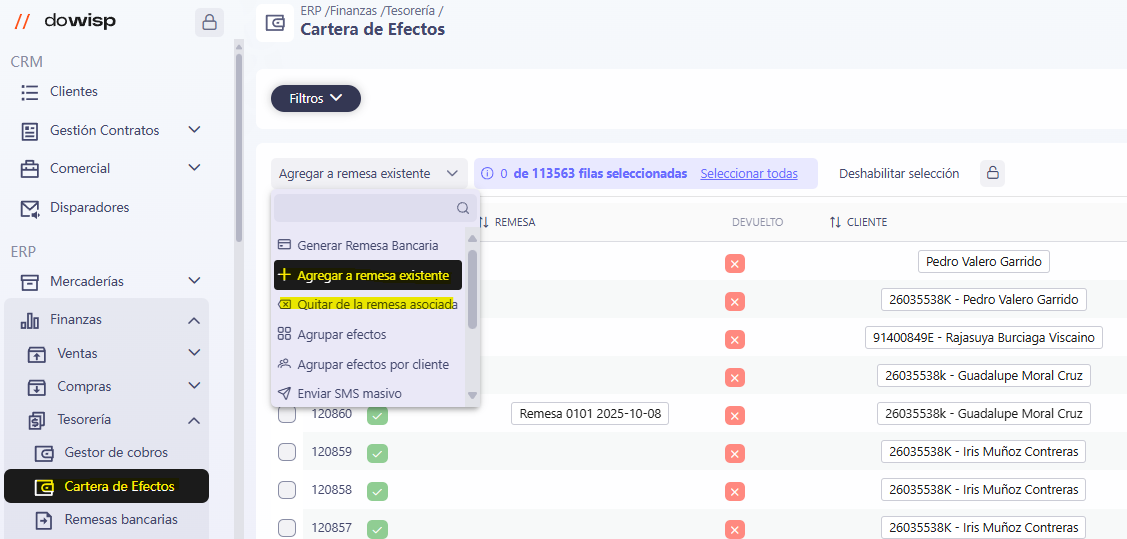 Agregar o quitar efectos de una remesa existente en dowisp